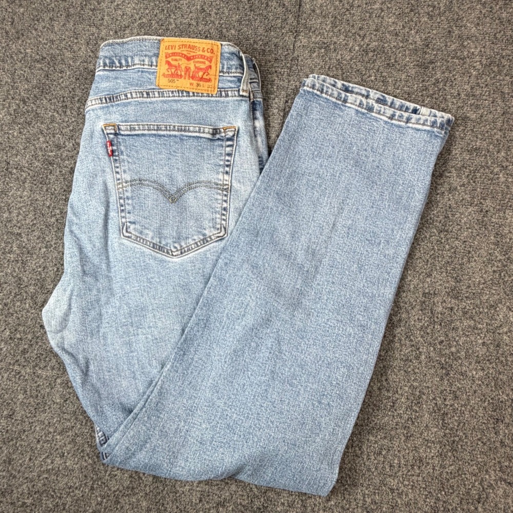 Levis 505 Regular Fit Straight Leg Light Wash Blue Denim Jeans Mens Size 36x32